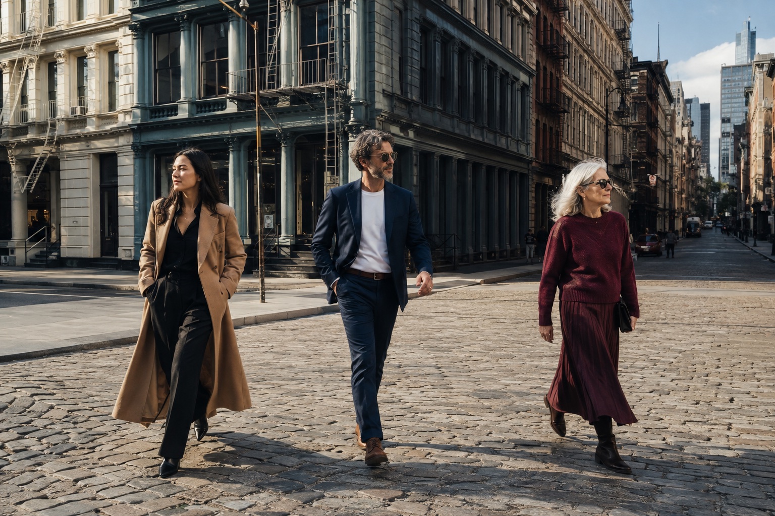 New York-inspired city layers in camel, navy and burgundy