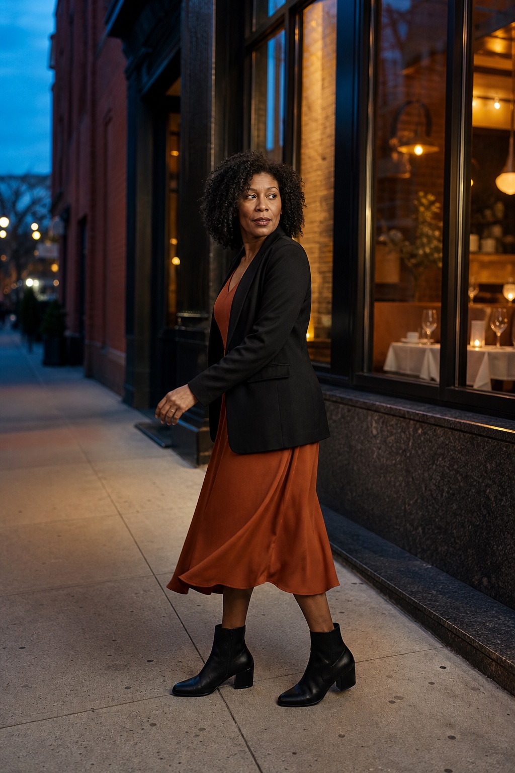 Black blazer over a rust dress, with low boots outside a city restaurant
