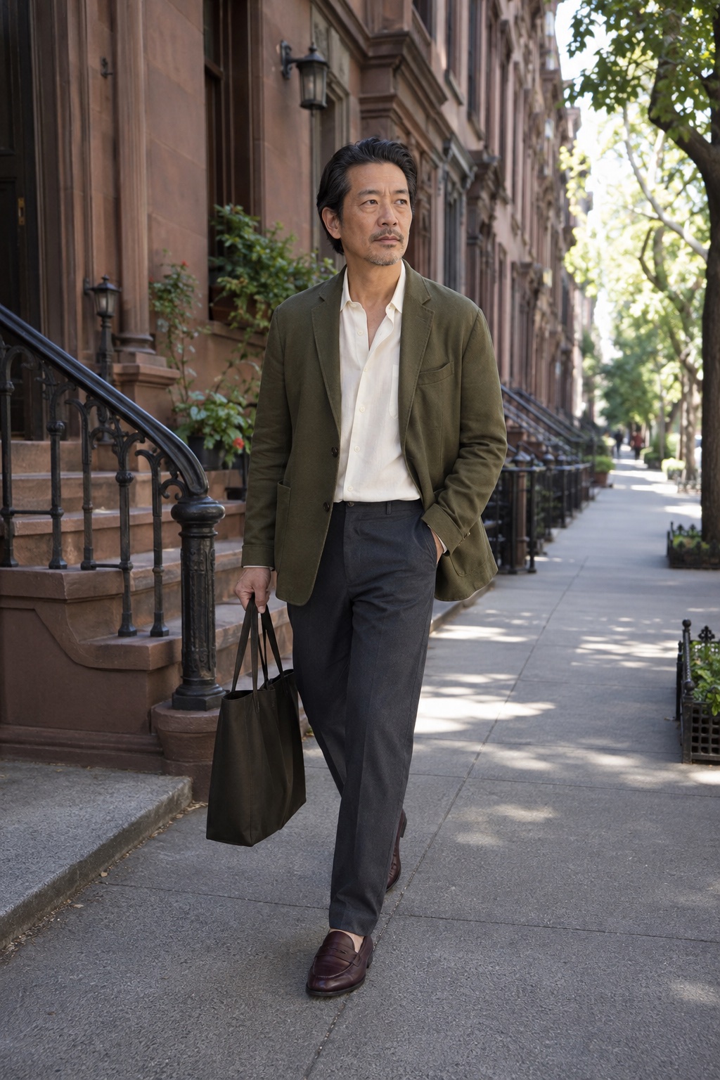 Olive tailoring, charcoal trousers and burgundy loafers on a brownstone street