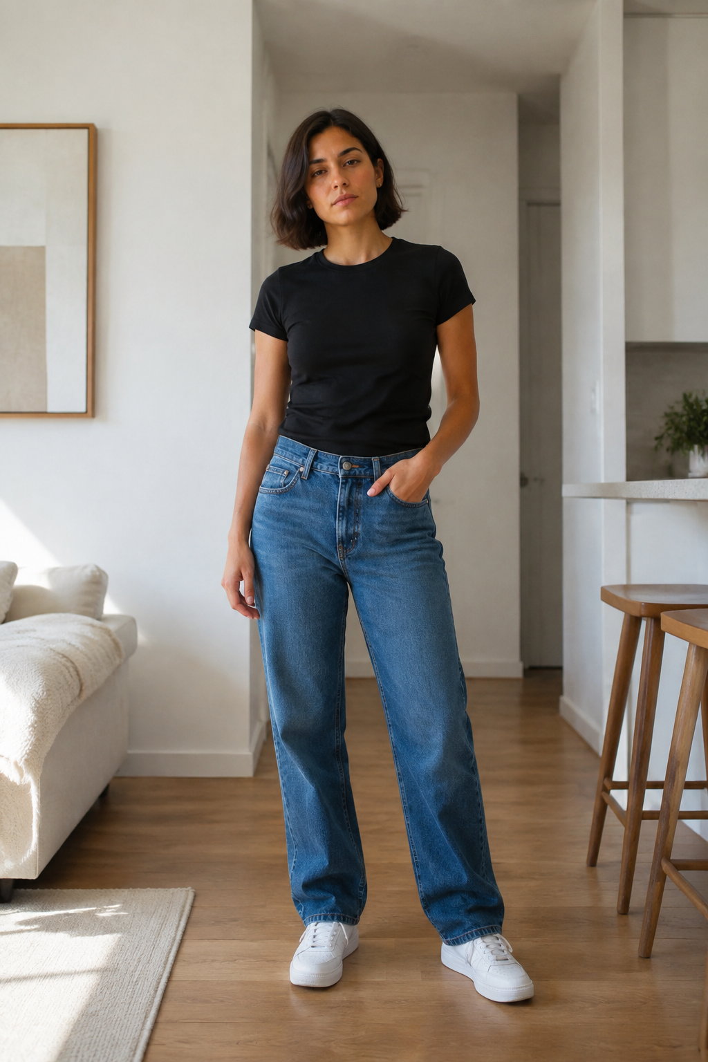 Generated example outfit A: black tee, jeans and trainers