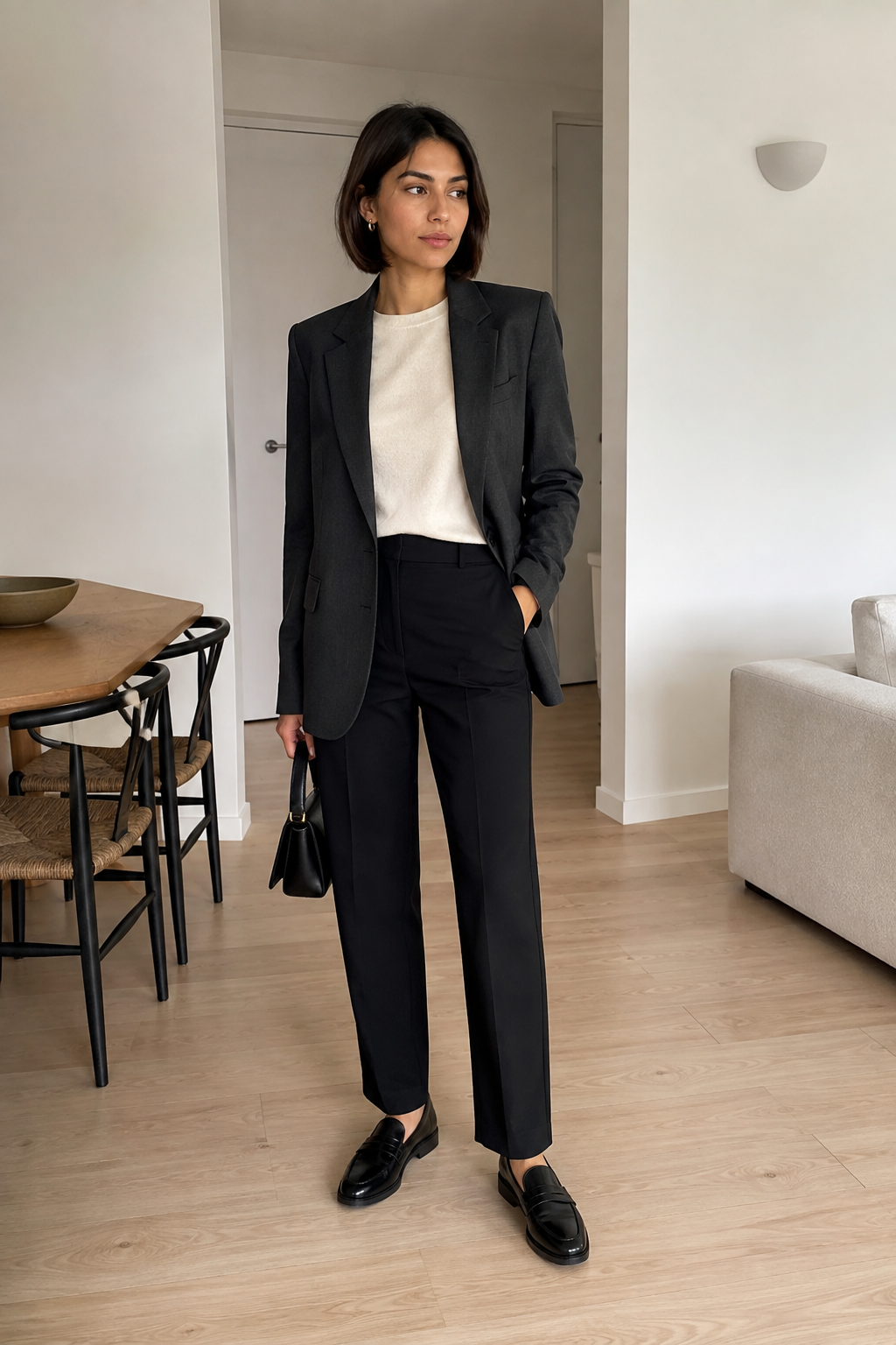 Generated example outfit B: blazer, ivory top and black trousers