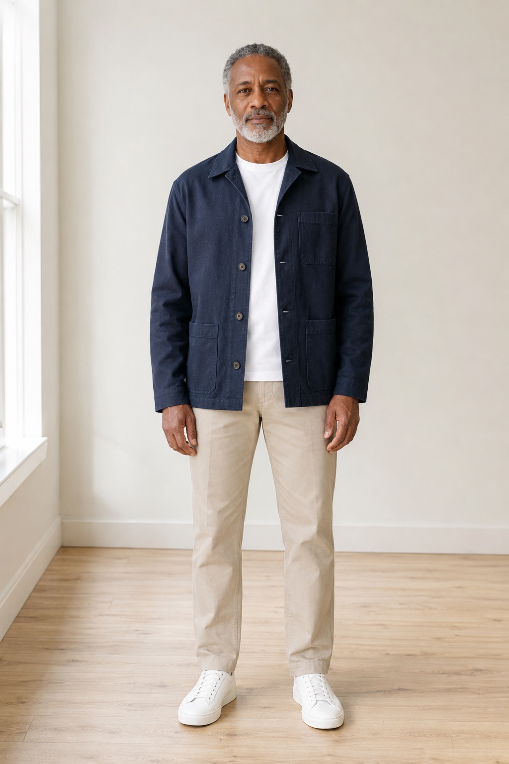 Navy chore jacket, white tee, stone trousers and white trainers