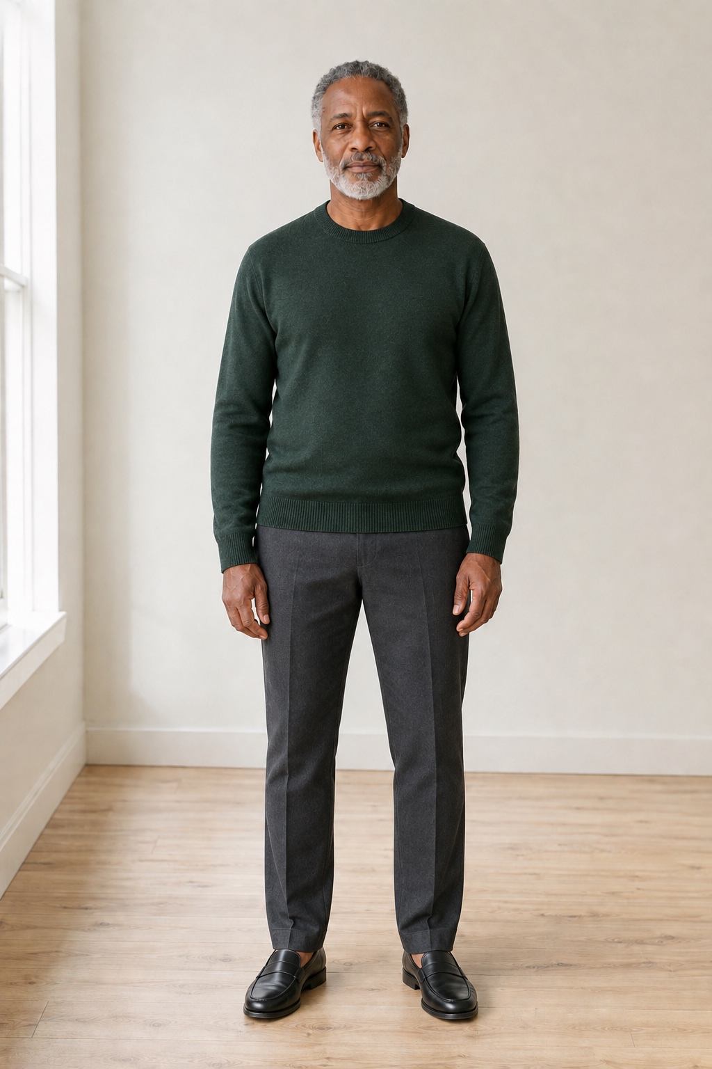 Example option B: green knit and charcoal trousers